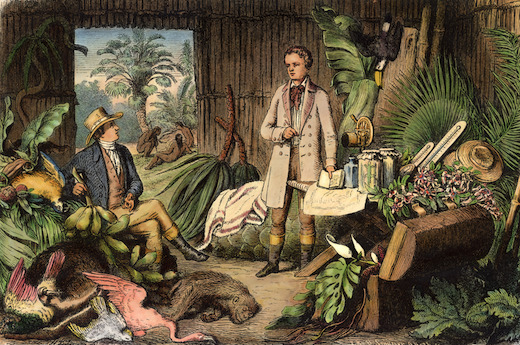 Holzstich (1870) von Otto Roth „Alexander von Humboldt und Aimé Bonpland in der Urwaldhütte am Orinoco“ © bpk